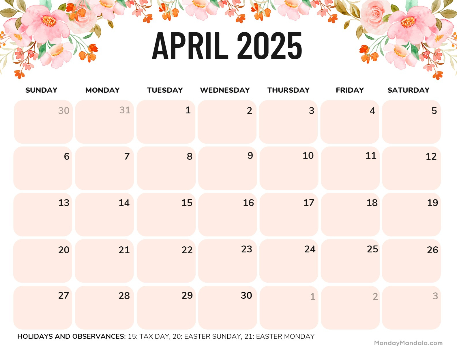 April 2025 Calendar (52 Free Pdf Printables) with April 2025 Printable Calendar