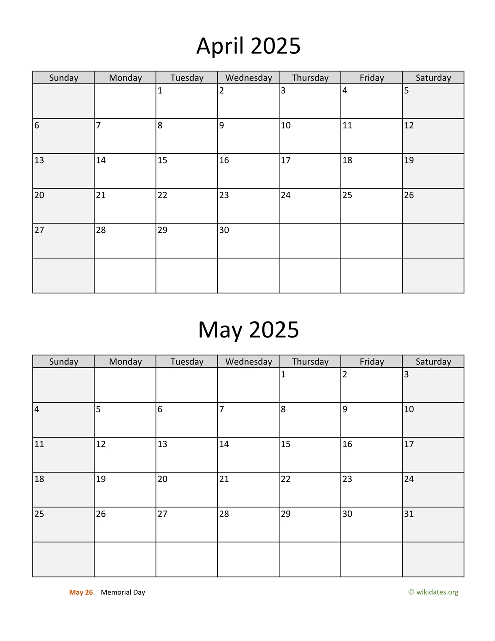 April And May 2025 Calendar | Wikidates intended for March April May 2025 Calendar Printable