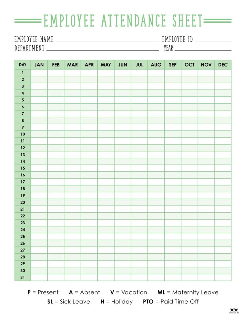 Attendance Sheets - 52 Free Printables | Printabulls with Free Printable 2025 Employee Attendance Calendar Free Download