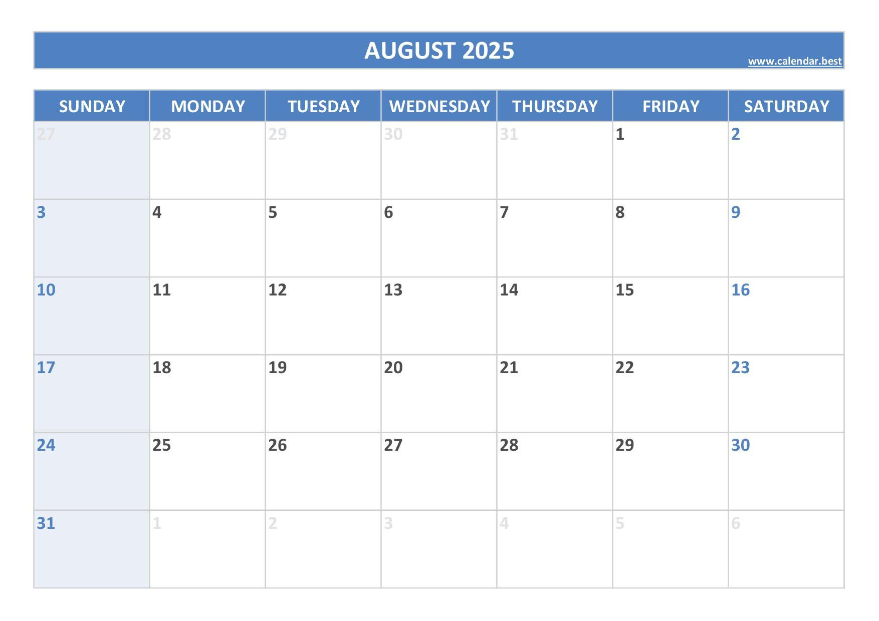 August 2025 Calendar -Calendar.best regarding Blank August Calendar 2025 Printable