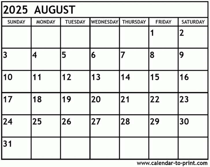 Large Print August 2025 Calendar Printable