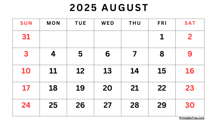 Free Printable Calendar For August 2025