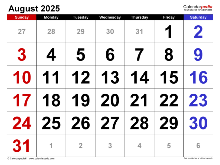 Printable Calendar Aug 2025