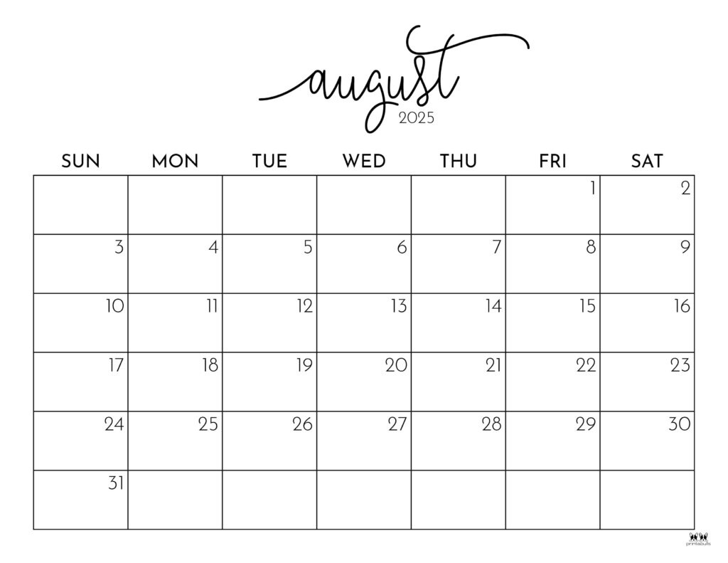 August 2025 Calendars - 107 Free Printables | Printabulls for August 2025 Free Printable Calendar