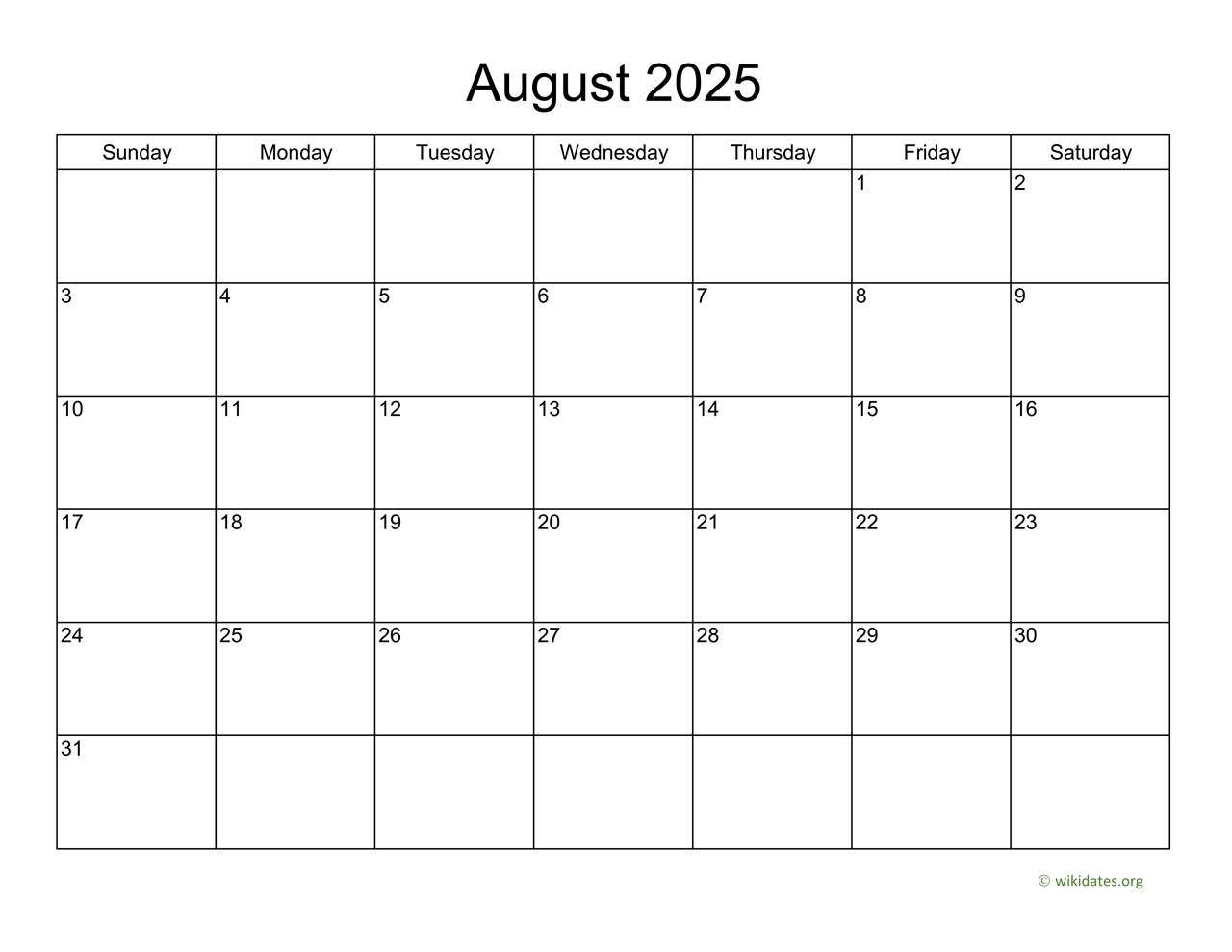 Basic Calendar For August 2025 | Wikidates for August 2025 Calendar Printable Wiki