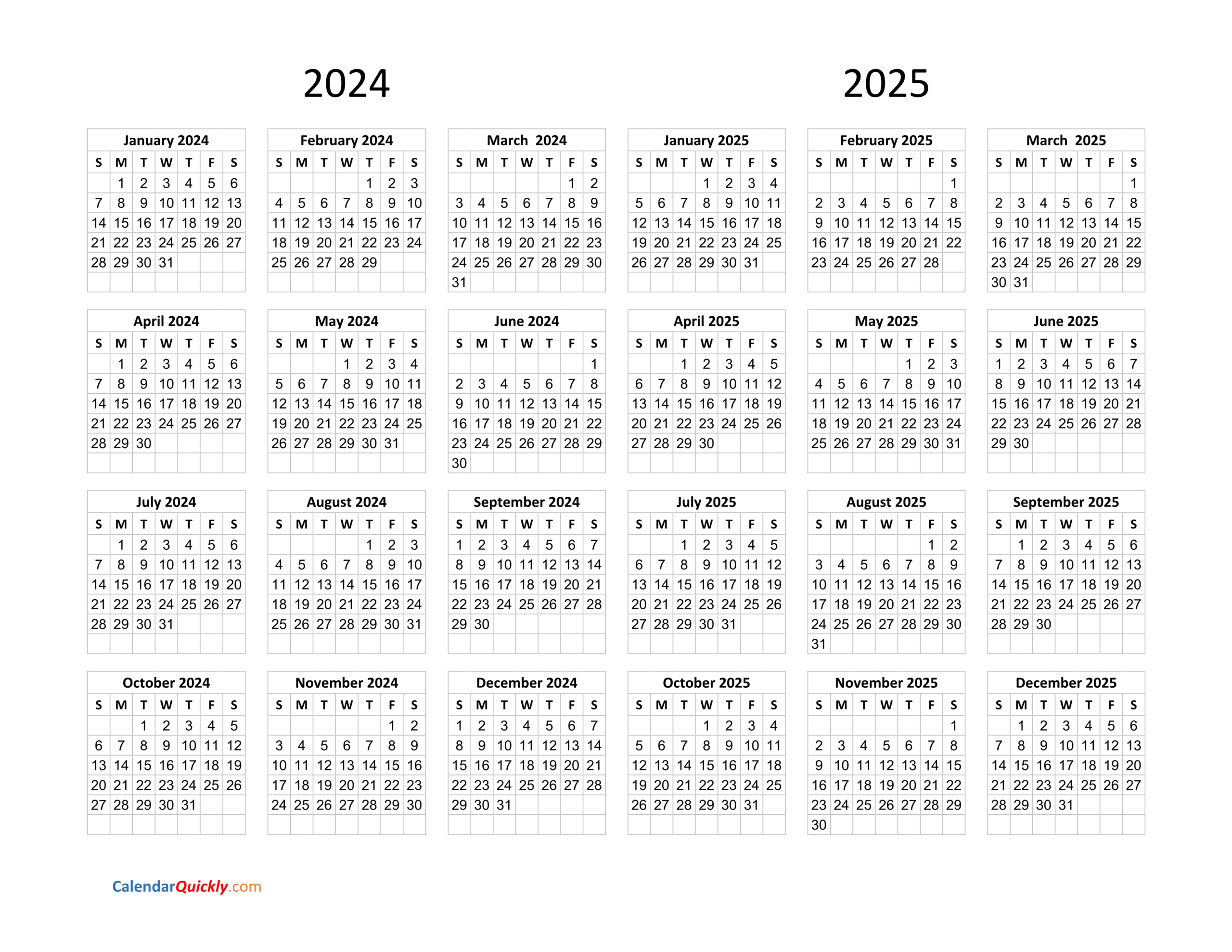 Calendar 2024 And 2025 On One Page | Calendar Quickly for 2024 and 2025 Calendar Printable Free