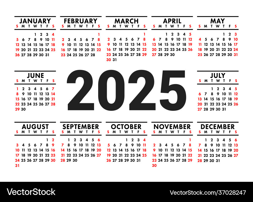 Calendar 2025 English Horizontal Wall Or Pocket Vector Image regarding Printable Pocket Calendar 2025