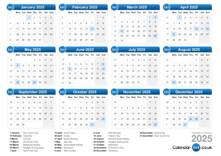 UK Calendar 2025 with Bank Holidays Printable