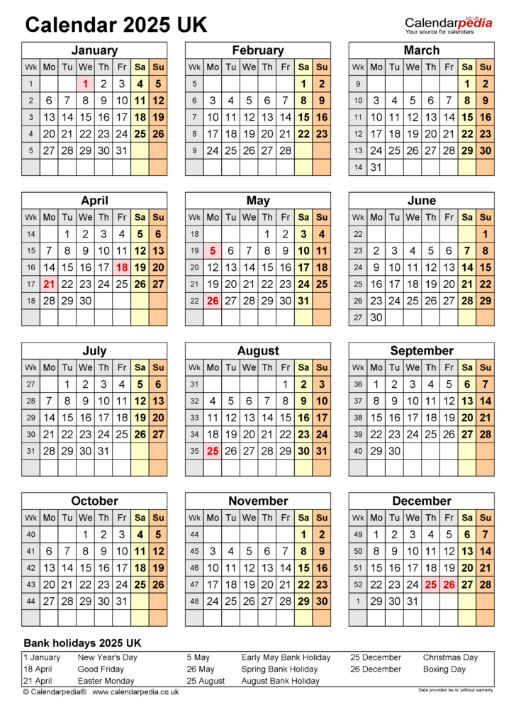 Free Printable Calendar 2025 Uk