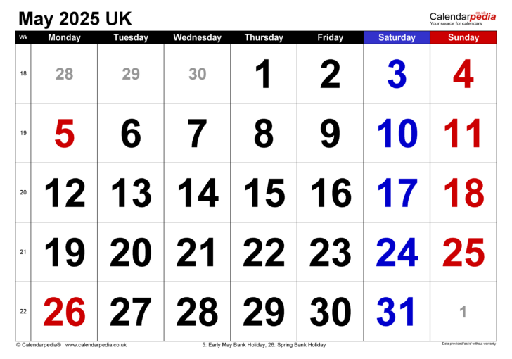 May 2025 Weekly Calendar Printable