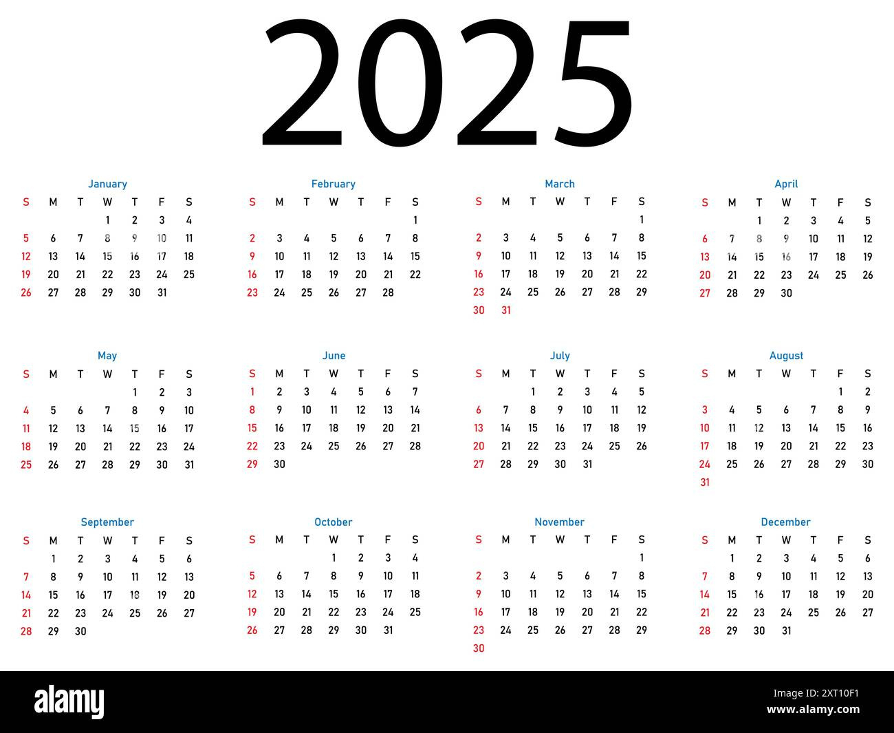 Calendar Template For 2025 Year. Week Starts On Sunday Stock for 2025 Calendar Template Printable