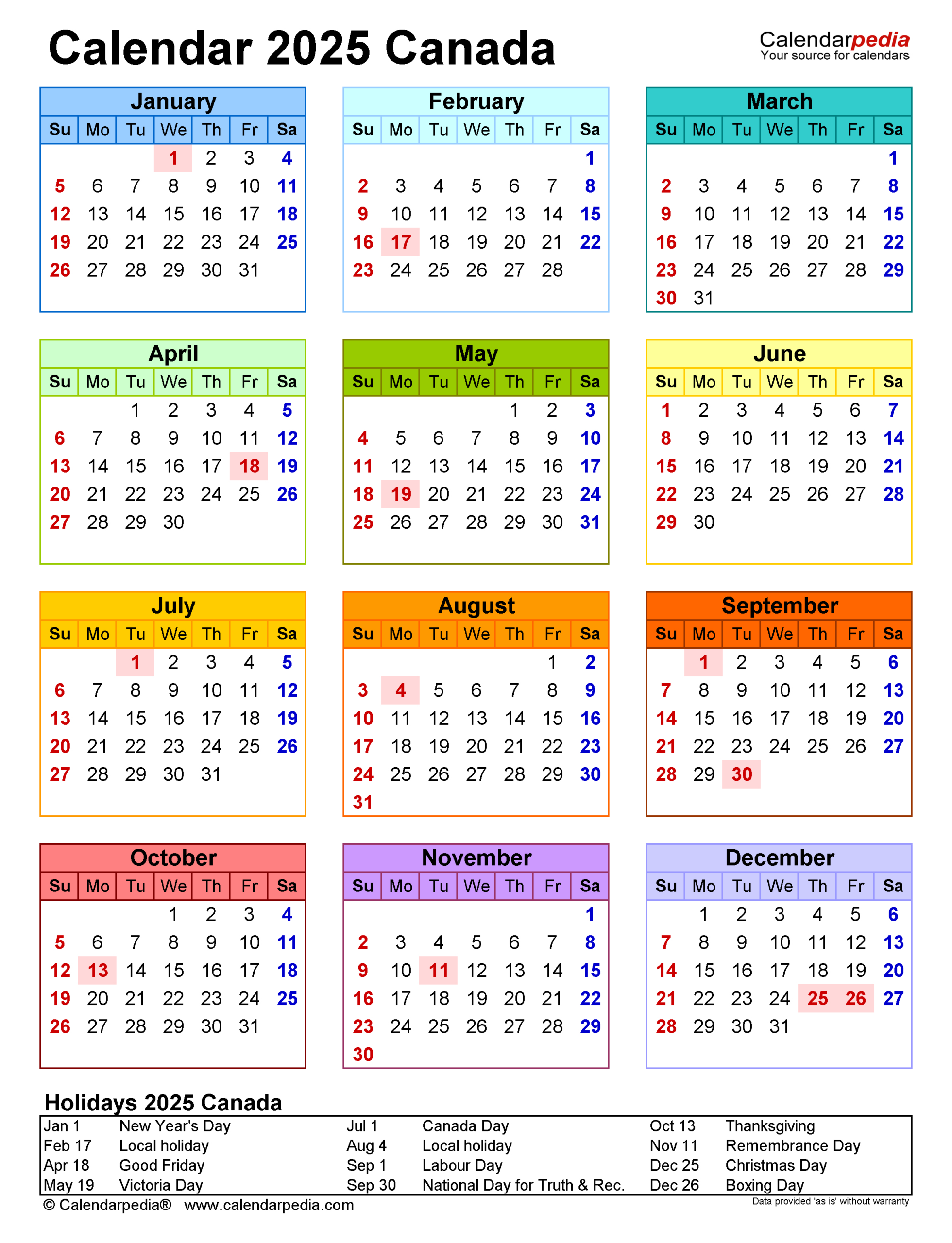 Canada Calendar 2025 - Free Printable Pdf Templates for 2025 Calendar Canada Printable