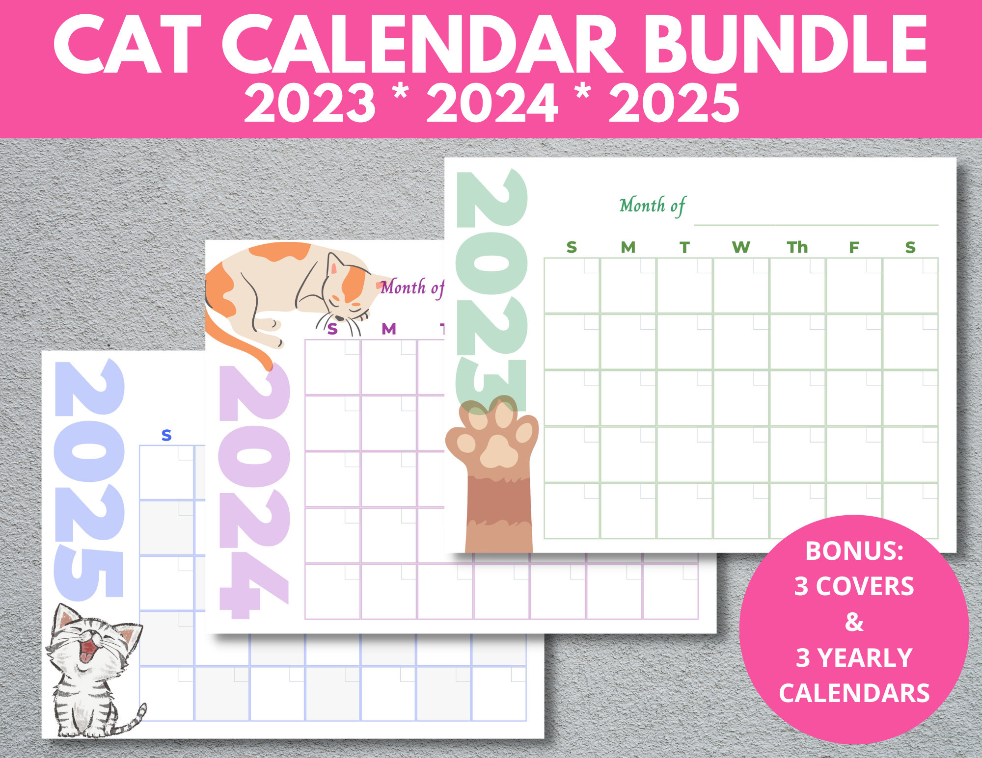 Cat Calendar Bundle 2023 2024 2025, Printable Blank Monthly intended for Printable Cat Calendar 2025