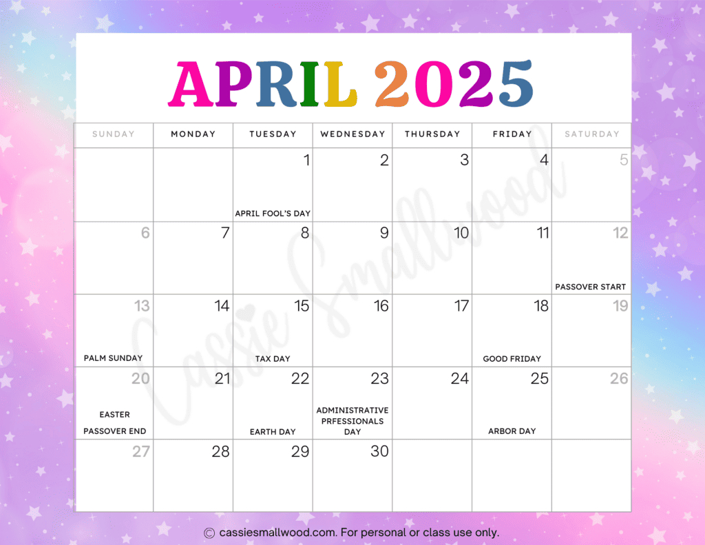 Cute 2025 Free Printable Monthly Calendars - Cassie Smallwood in April 2025 Calendar with Holidays Printable Free