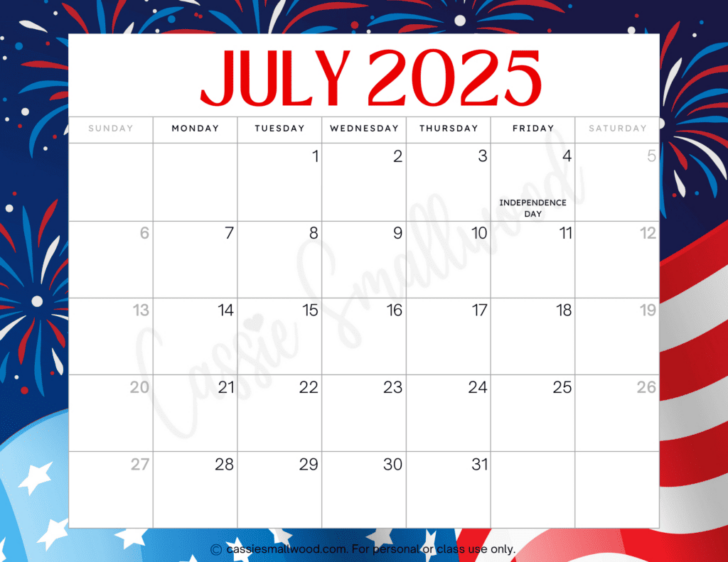 July 2025 Calendar with Holidays Printable Free