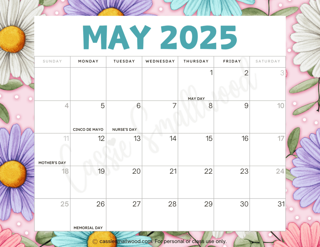 Cute 2025 Free Printable Monthly Calendars - Cassie Smallwood inside Cute May 2025 Calendar Printable