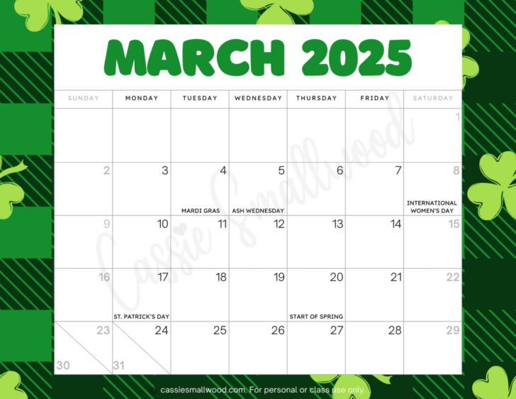 Printable March 2025 Calendar with Holidays