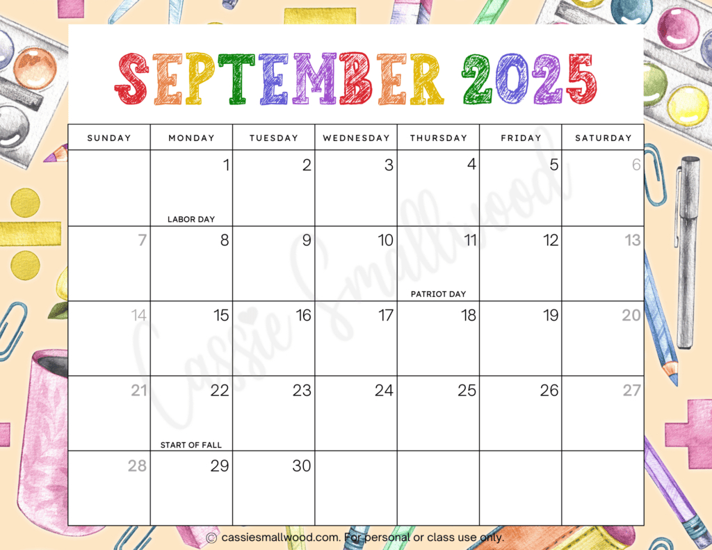 Cute 2025 Free Printable Monthly Calendars - Cassie Smallwood pertaining to Free Printable September 2025 Calendar With Holidays