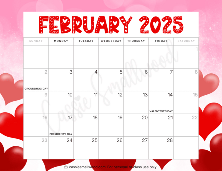 Feb 2025 Calendar with Holidays Printable