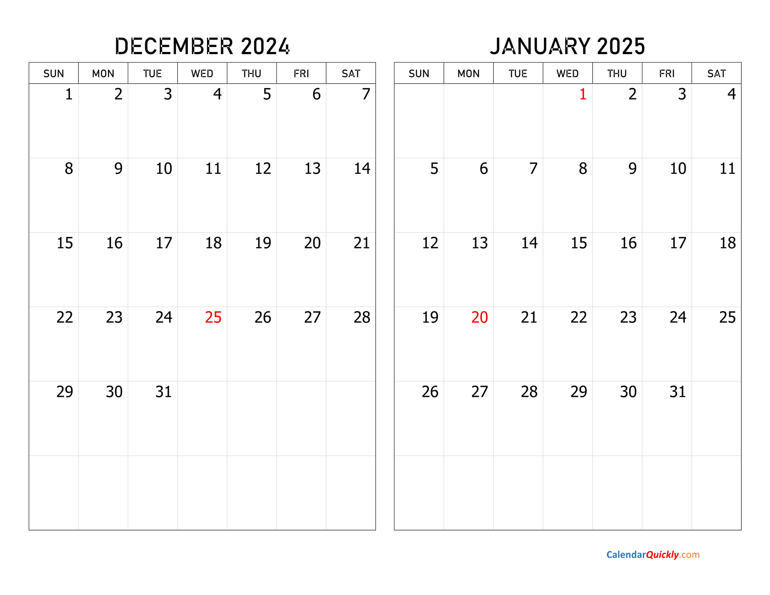 December 2024 And January 2025 Calendar | Calendar Quickly in December 2024 January 2025 Calendar Printable