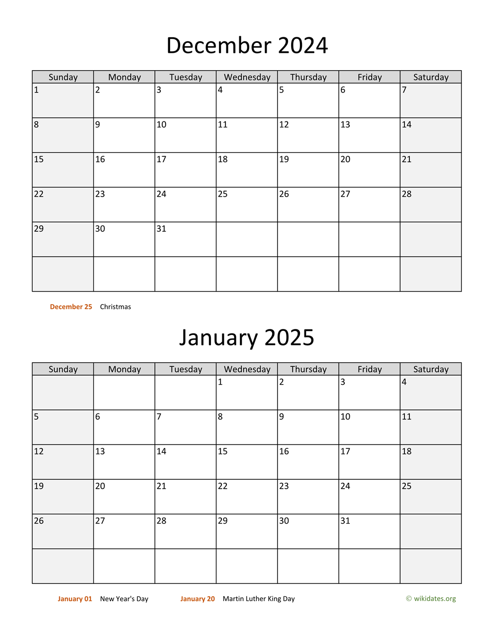 December 2024 And January 2025 Calendar | Wikidates with December 2024 January 2025 Calendar Printable