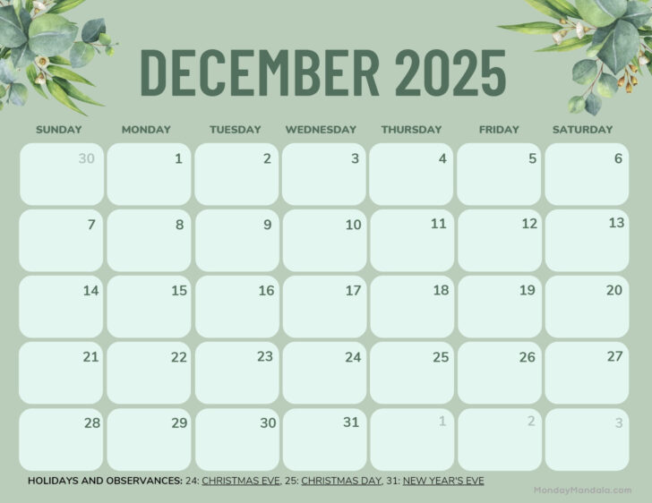 Printable Calendar 2025 December