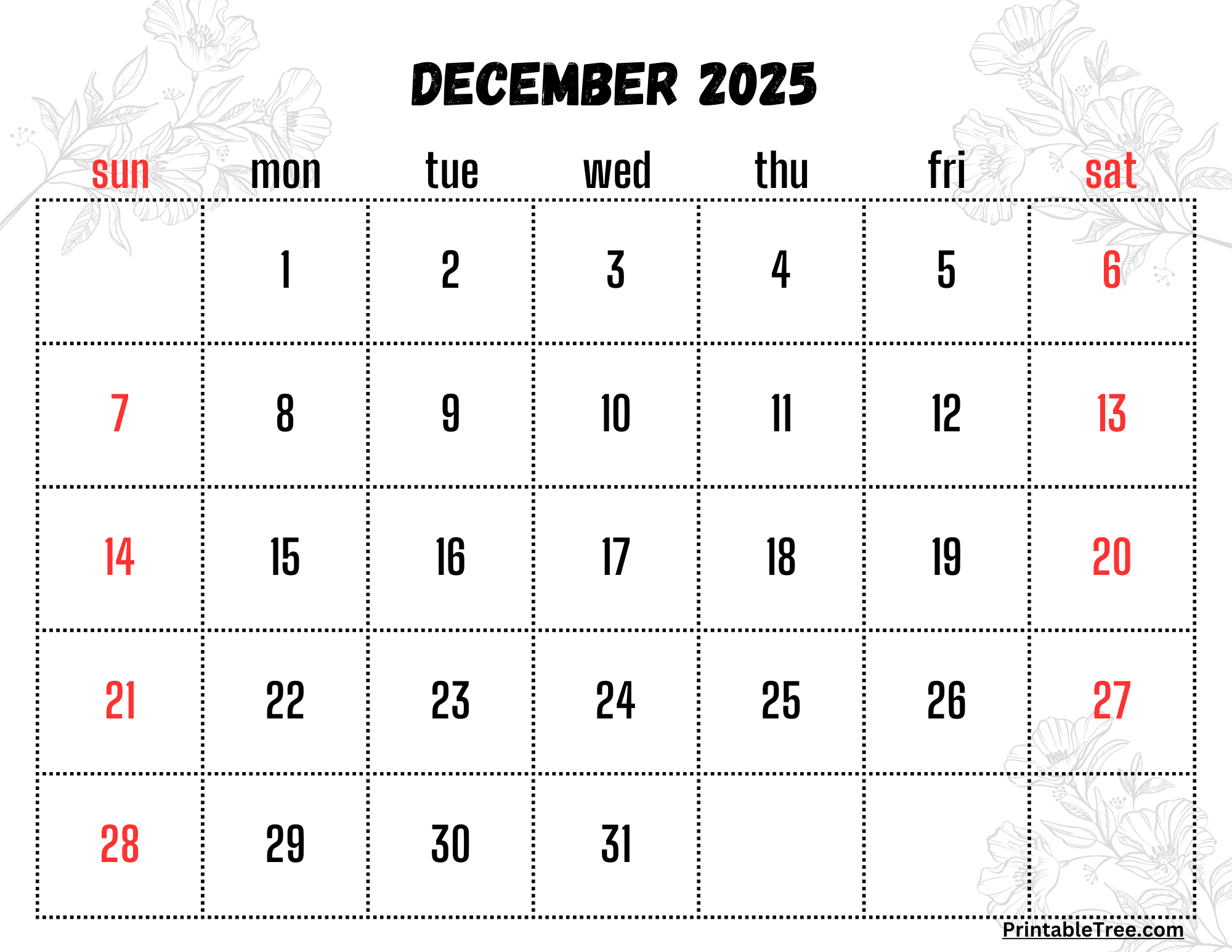 December 2025 Calendar Printable Pdf Template With Holidays inside Blank December 2025 Calendar Printable