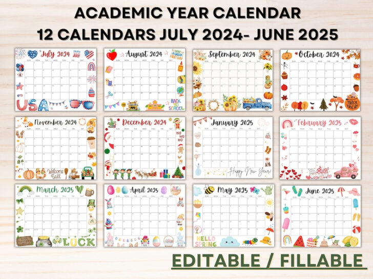 August 2024 to July 2025 Calendar Printable