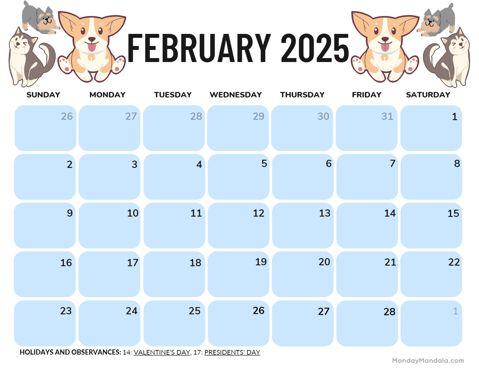 February 2025 Calendar (52 Free Pdf Printables) for Free Printable Dog Calendar 2025