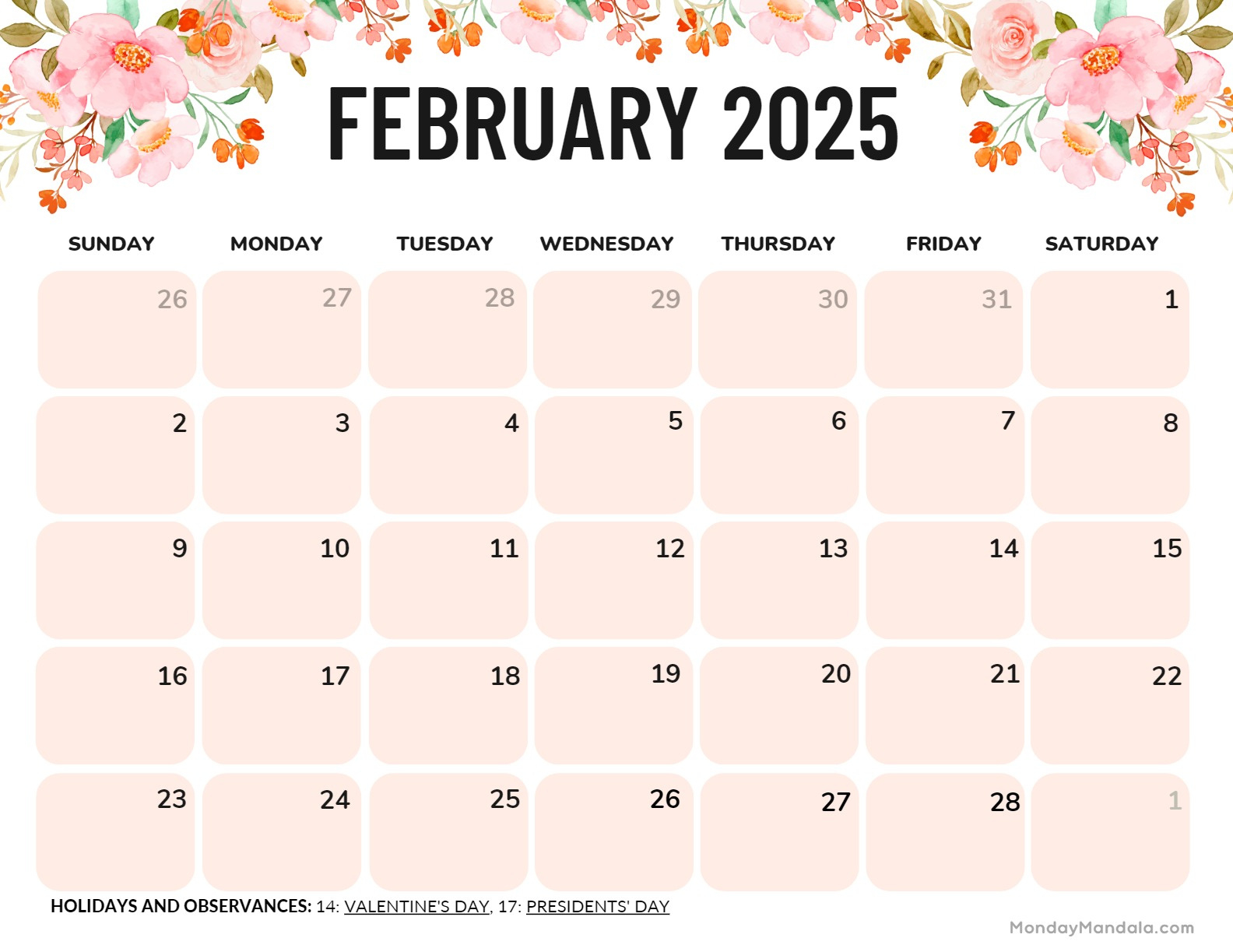 February 2025 Calendar (52 Free Pdf Printables) for Printable Monthly Calendar February 2025