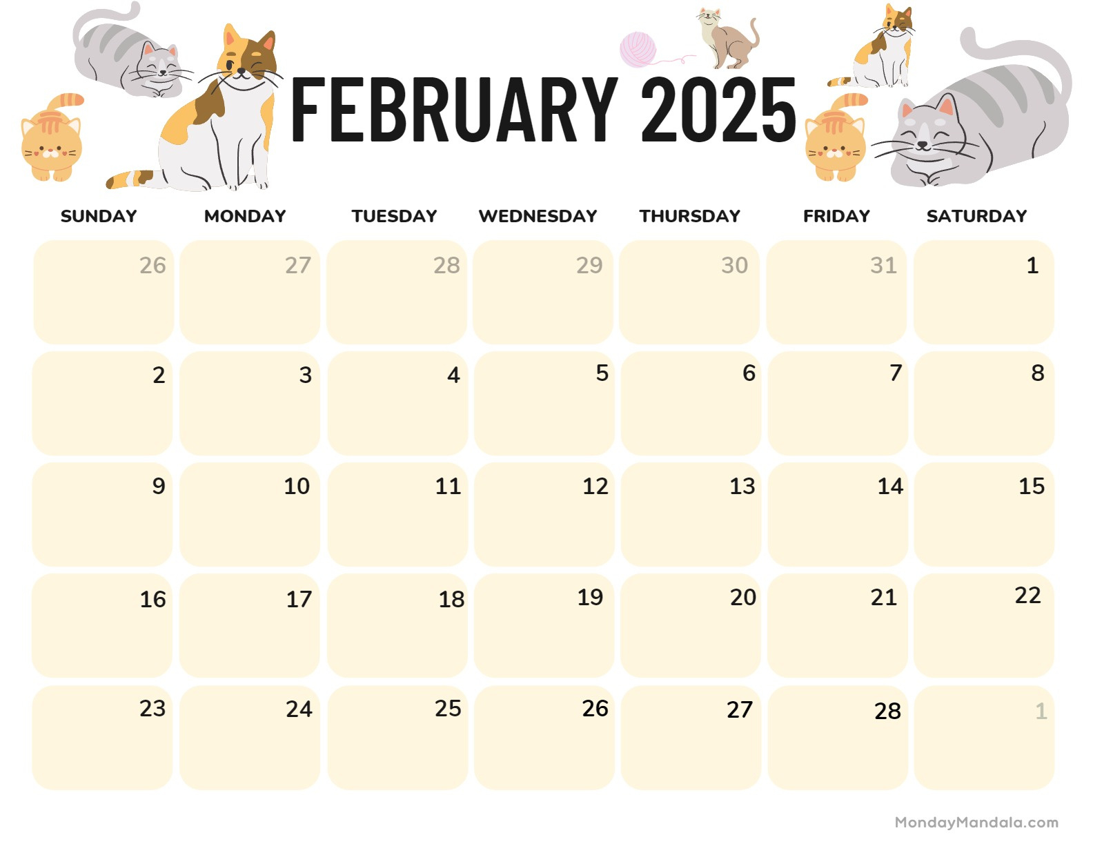 February 2025 Calendar (52 Free Pdf Printables) in Printable Cat Calendar 2025