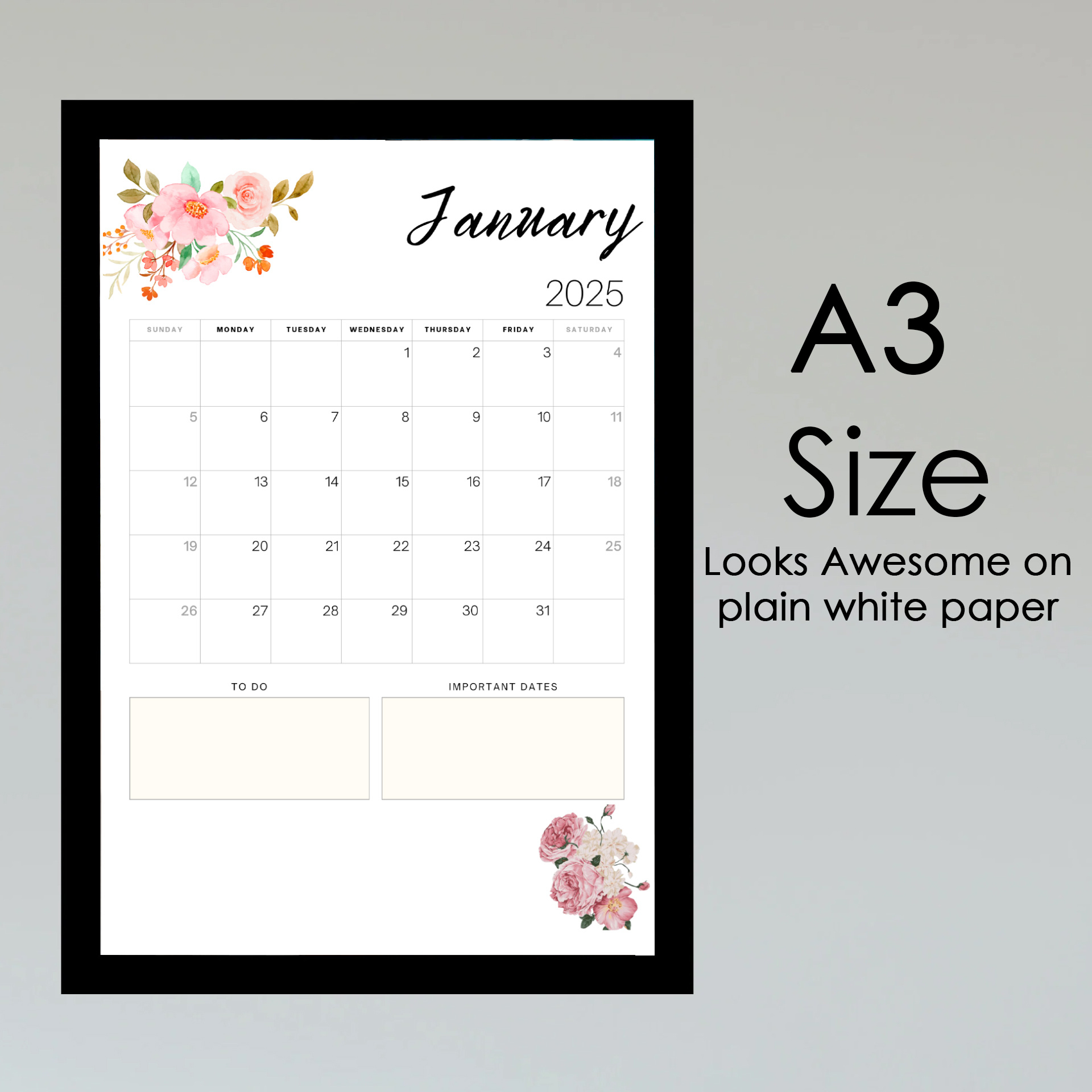 Floral Printable Calendar 2025, 12 Month With Notes Option for 2025 Floral Calendar Printable