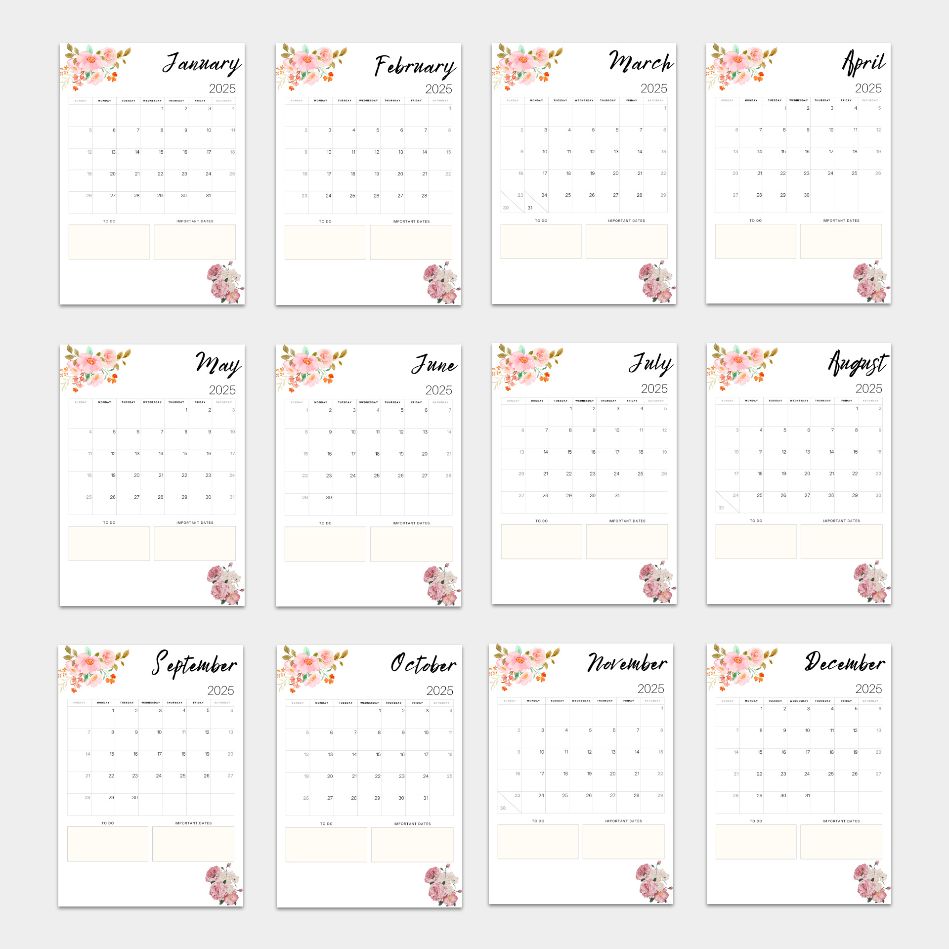 Floral Printable Calendar 2025, 12 Month With Notes Option with Floral Printable Calendar 2025