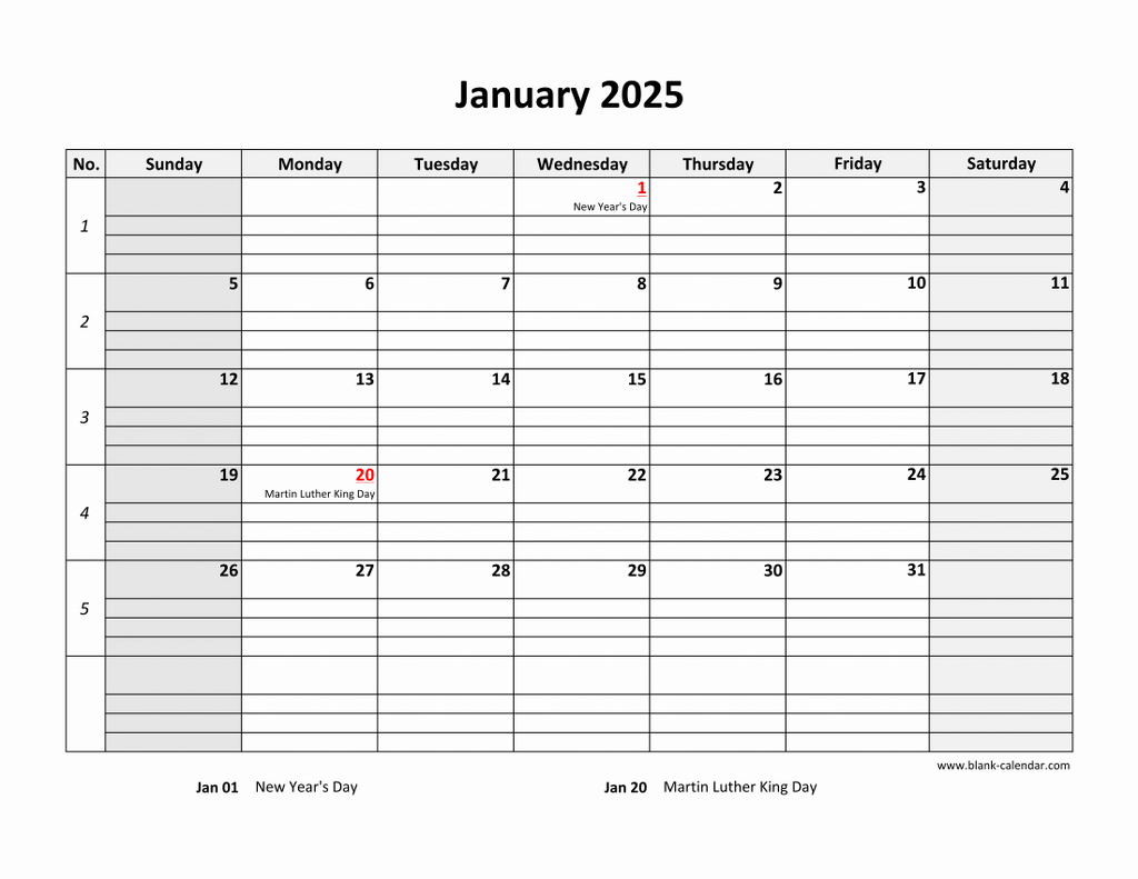 Free Download Printable Calendar 2025, Large Box Grid, Space For Notes in 2025 Printable Calendar By Month With Lines