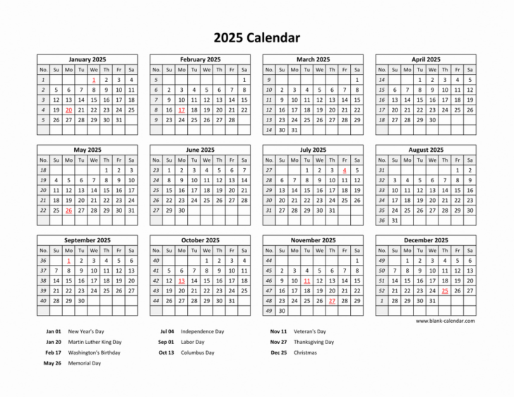 Free 2025 Printable Calendar with Holidays Free Download