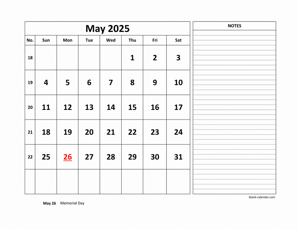 Free Download Printable May 2025 Calendar, Large Space For pertaining to May 2025 Calendar With Notes Printable