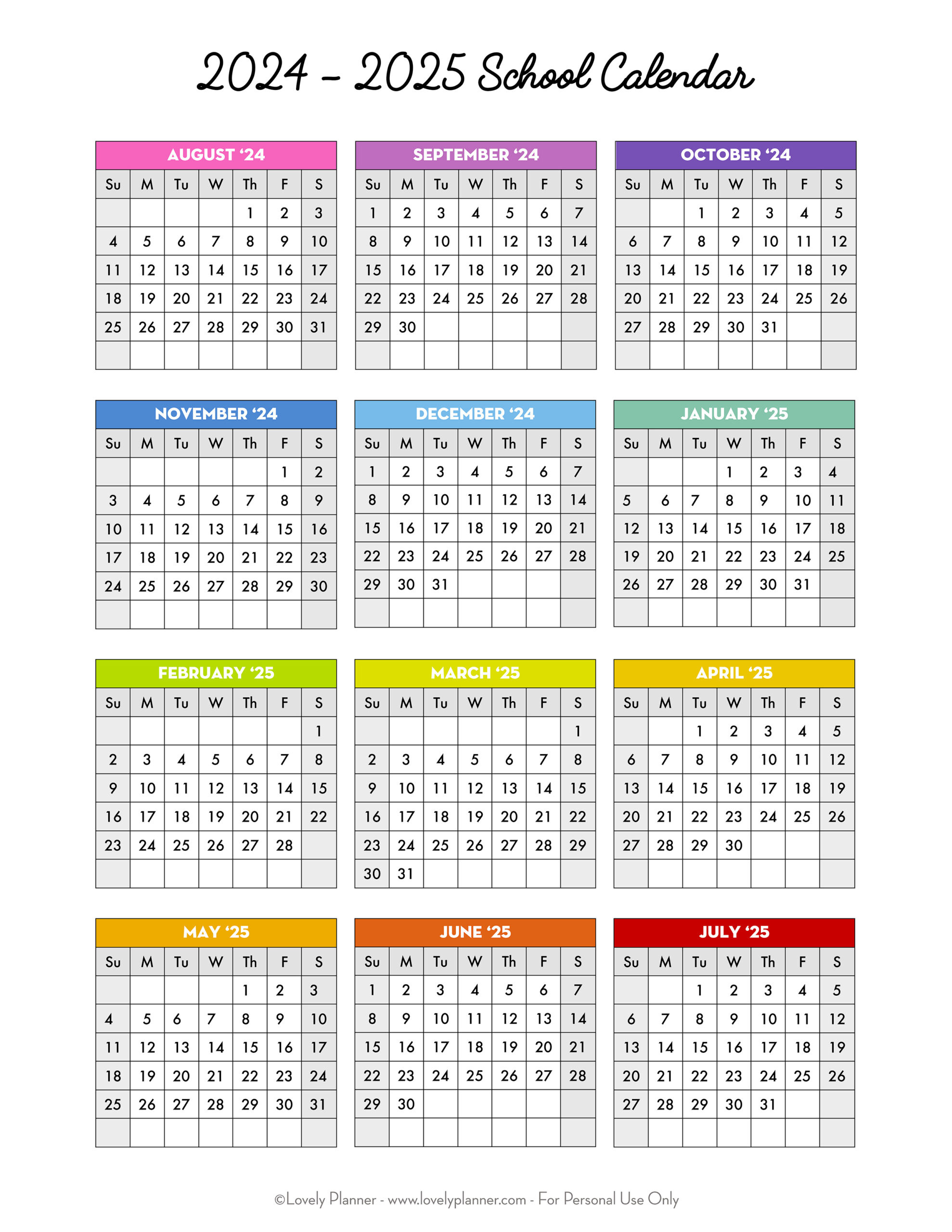 Free Printable 2024-2025 School Calendar - One Page Academic for 2024 And 2025 Calendar Printable Free