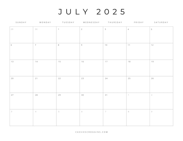 Blank July 2025 Calendar Printable Free