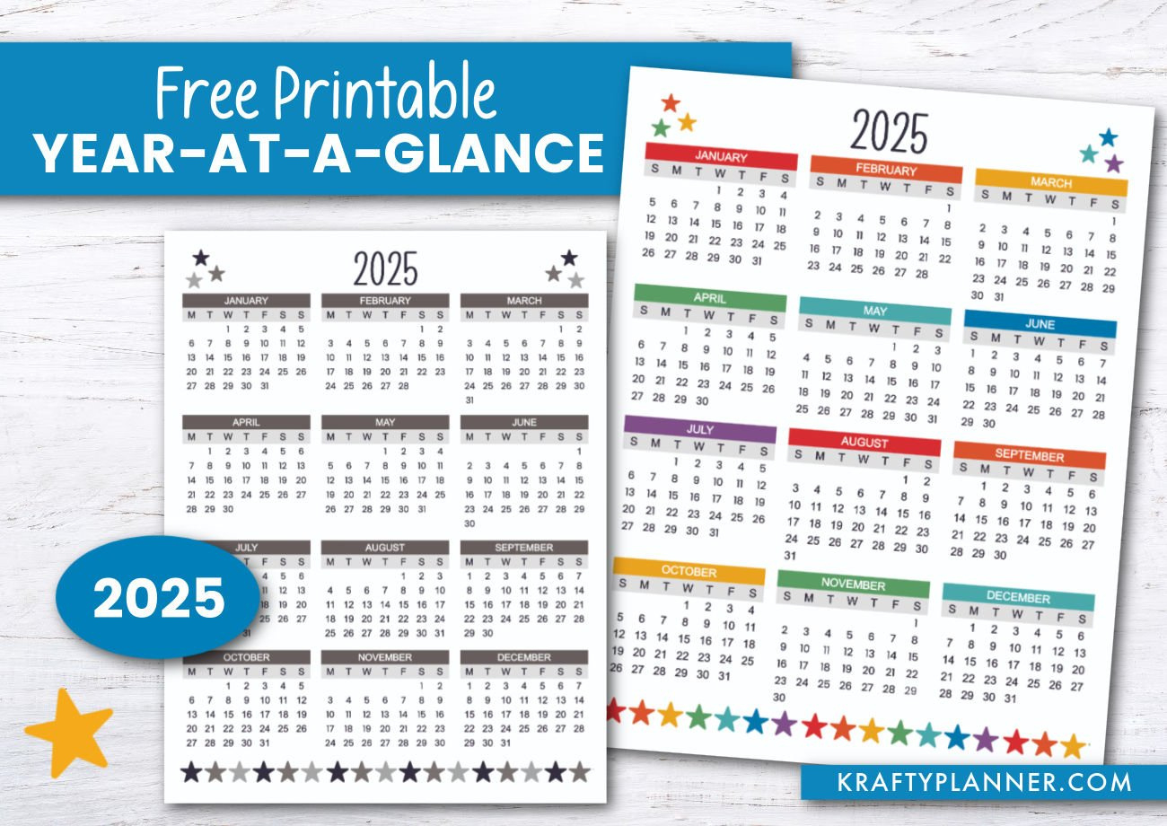 Free Printable 2025 Year-At-A-Glance — Krafty Planner in Printable 2025 Year at a Glance Calendar