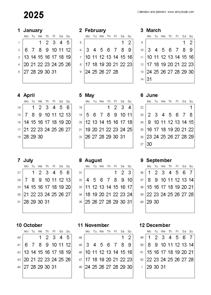 Free Printable 2025 Calendar with Week Numbers Printable