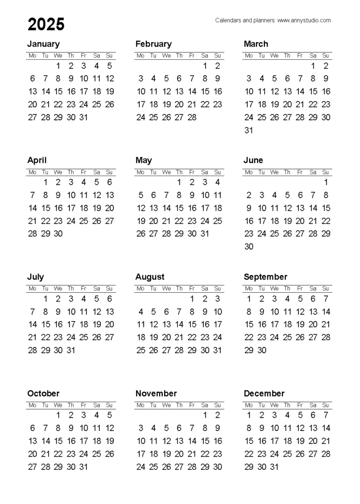 A4 Calendar 2025 Printable