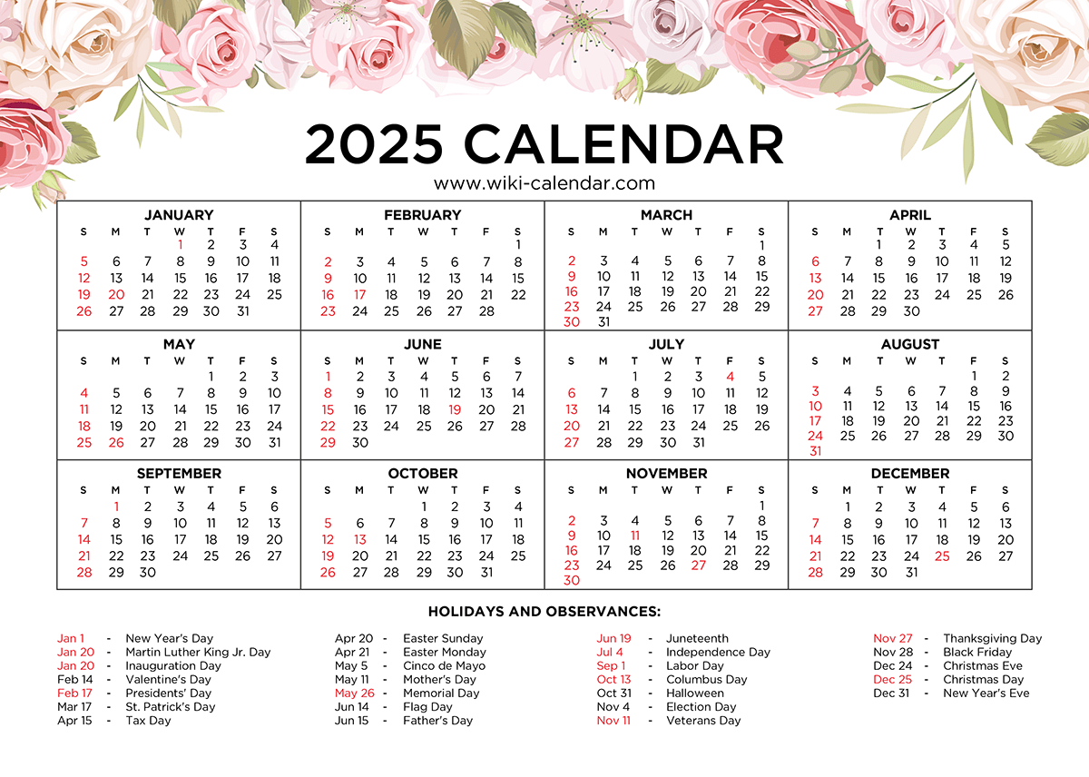 Free Printable Floral Calendar 2025 - Wiki Calendar for Free Printable Calendar 2025 Floral