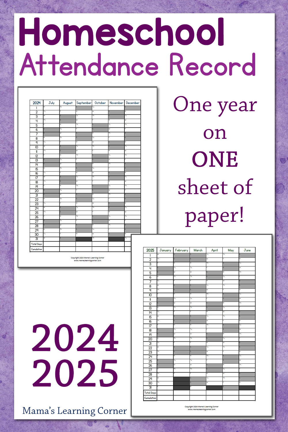 Homeschool Attendance Record 2024-2025 - Mamas Learning Corner within Attendance Calendar 2025 Printable Free