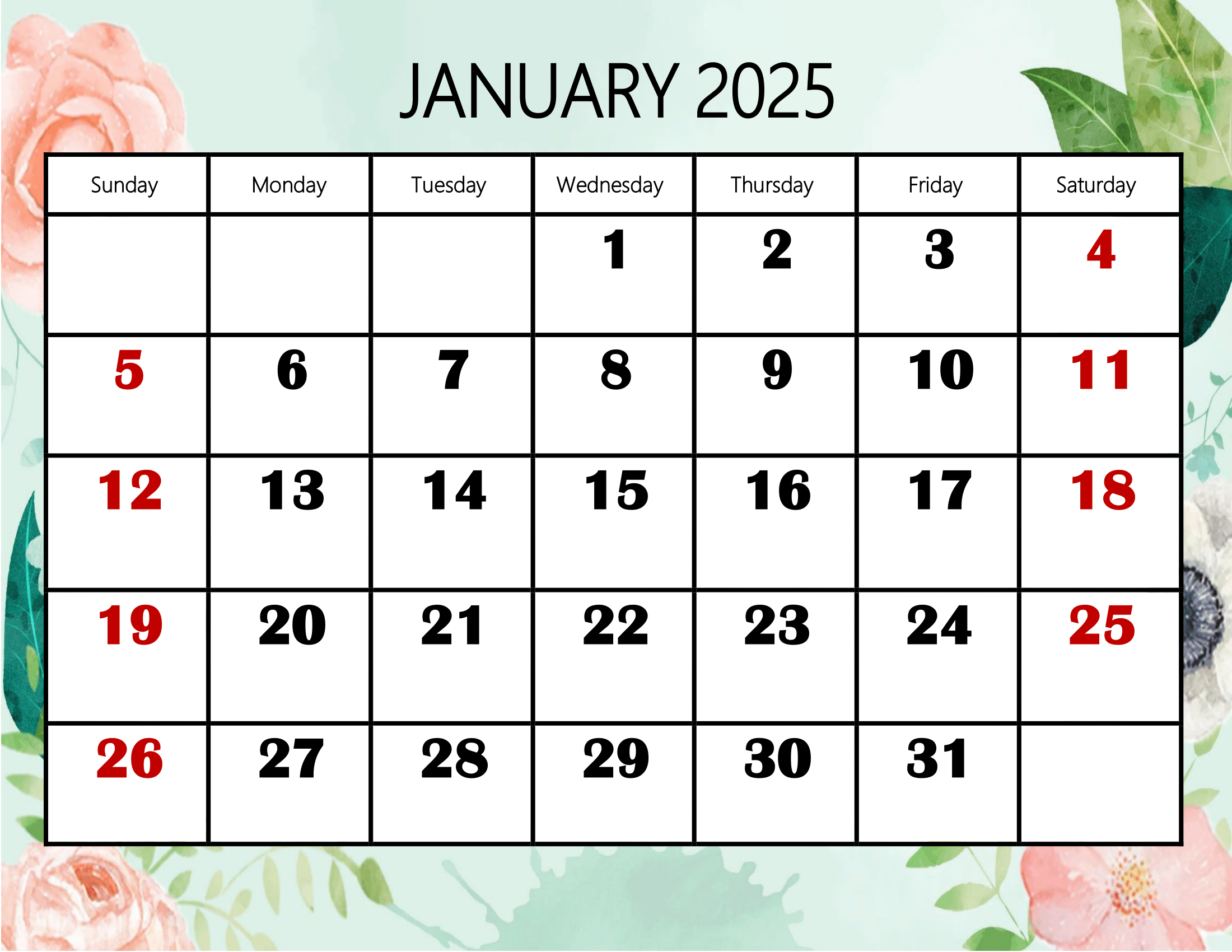 January 2025 Calendar Printable Pdf Template With Holidays for Free Printable January 2025 Monthly Calendar With Holidays