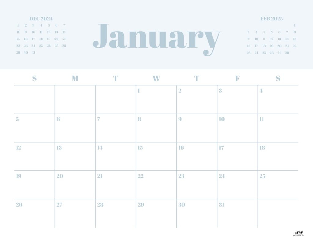 January 2025 Calendars - 107 Free Printables | Printabulls for Jan Calendar 2025 Printable