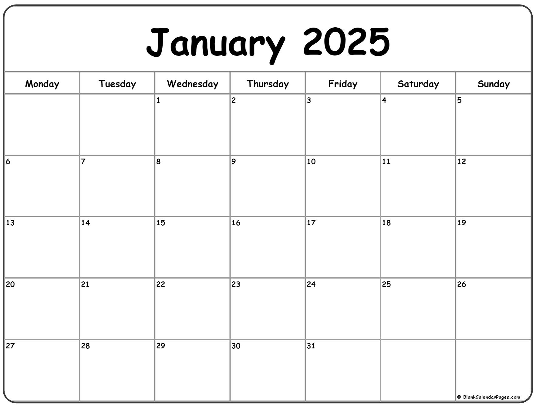 January 2025 Monday Calendar | Monday To Sunday in Printable Calendar 2025 Monday Start