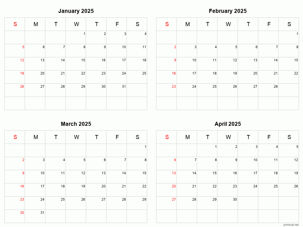 January To April 2025 Printable Calendar | Four Months Per Page for 4 Month Calendar 2025 Printable