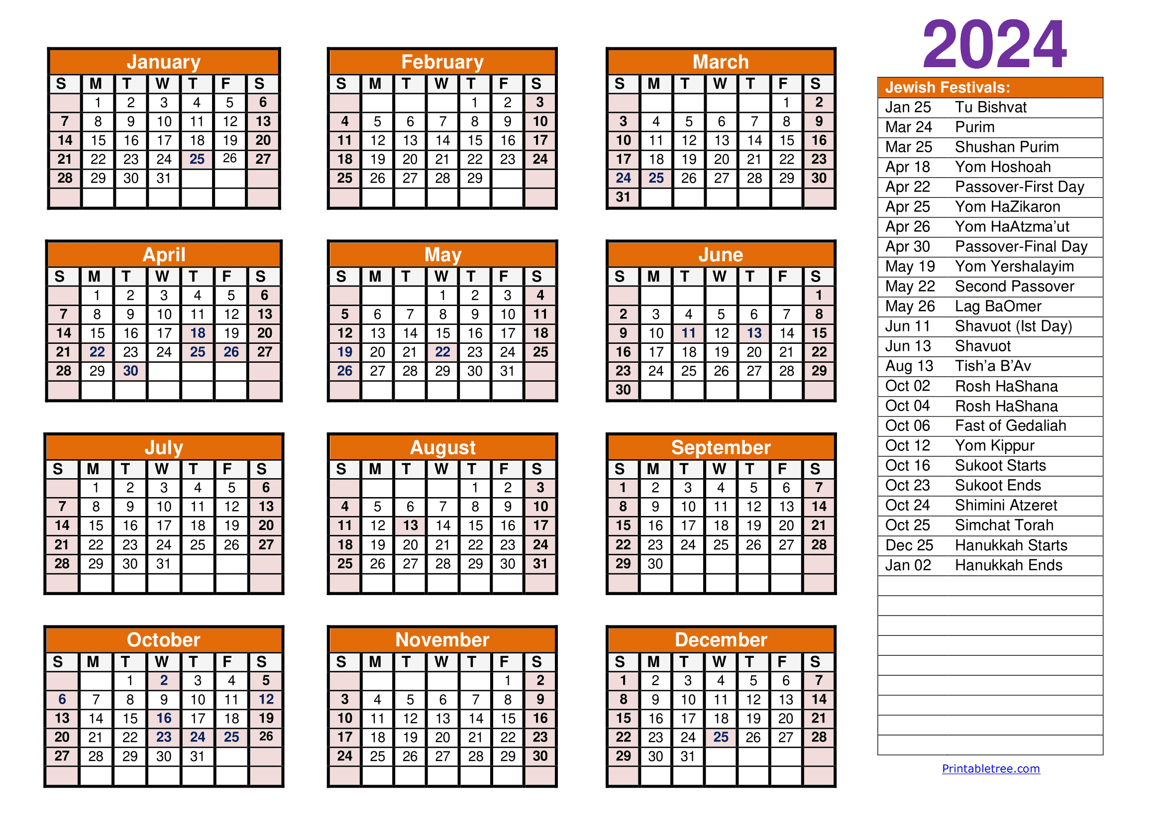 Jewish Calendar 2024, 2025 Pdf Templates With Jewish Holidays Lists for Hebrew Calendar 2025 Printable