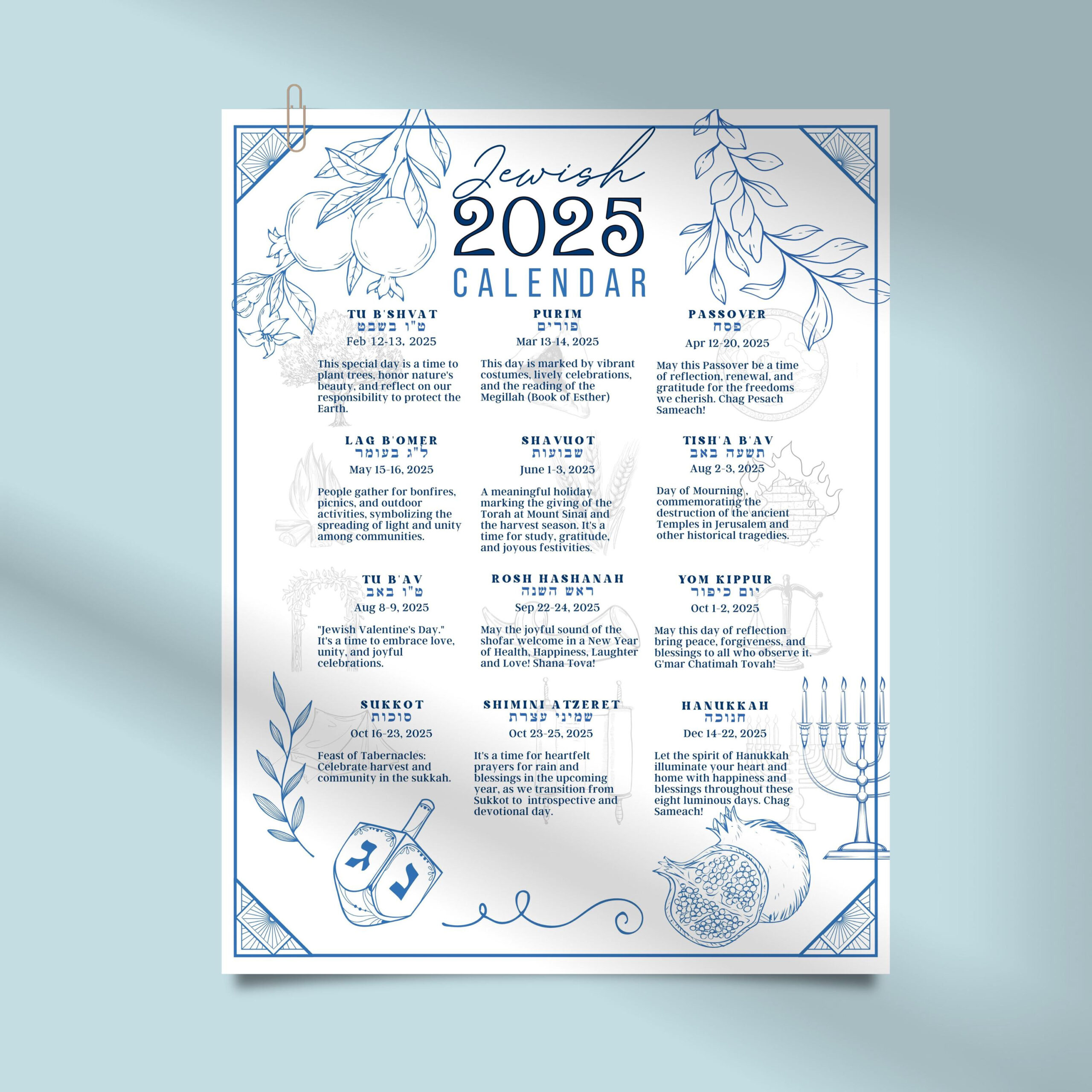 Jewish Calendar 2025 Poster Jewish Gift New Year 5785 Rosh throughout Jewish Calendar 2025 with Holidays Printable