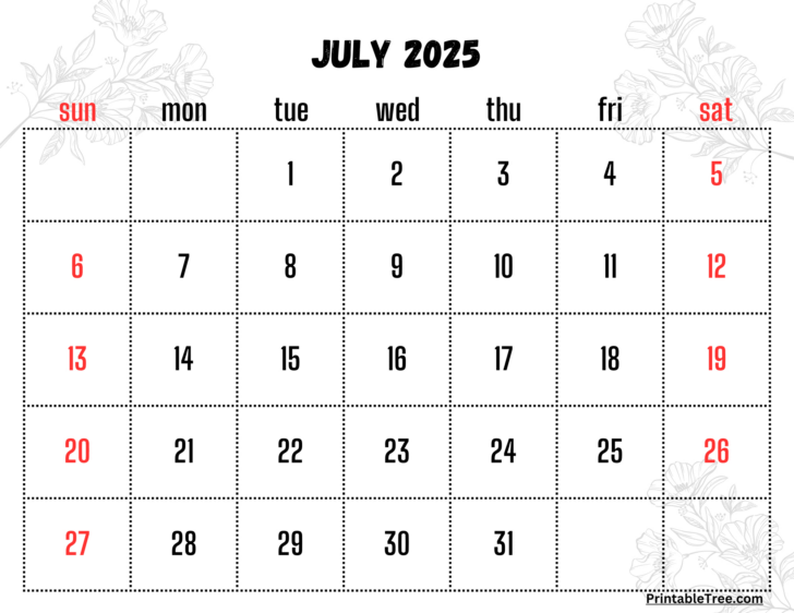 Month of July 2025 Printable Calendar